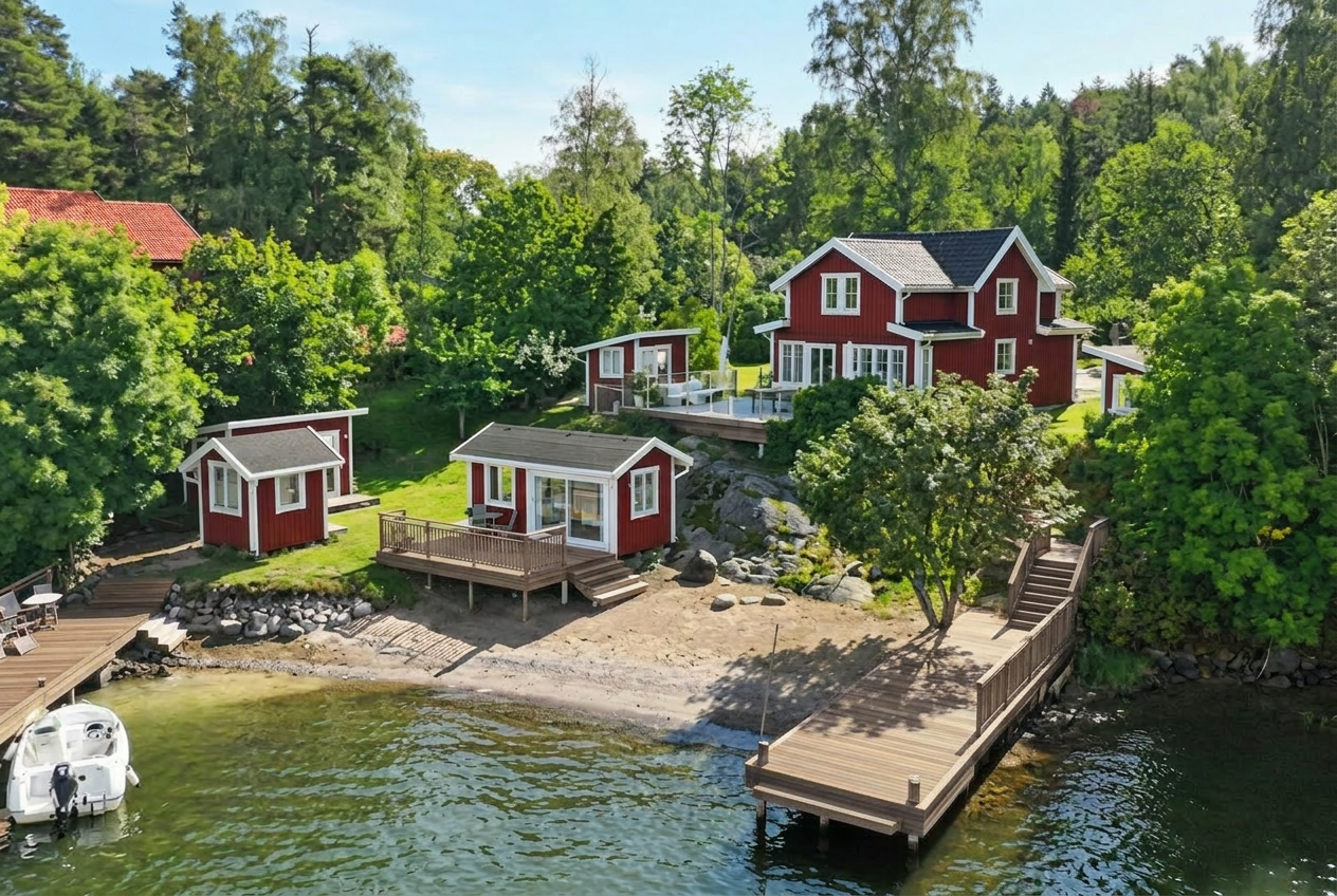 Brygga och altan vid sjö med restaurerat falurött huvudhus
